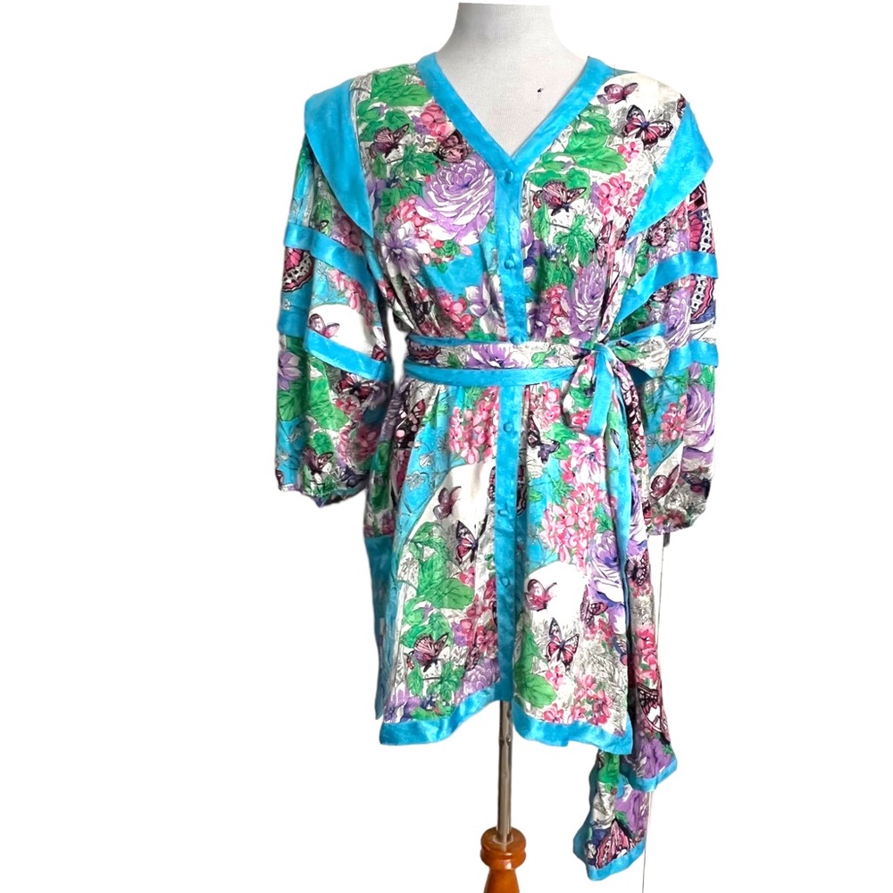 Vintage 80s Diane Freis Originals Tunic Top Mini Dress Floral Butterfly with Tie